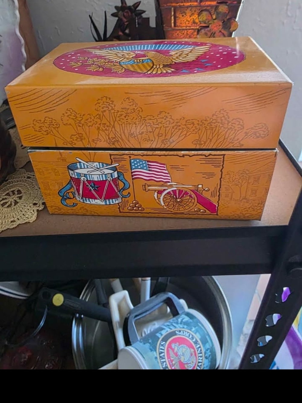 Patriotic Metal Recipe Box - Yellow with Red & Blue Accents Vintage 1976